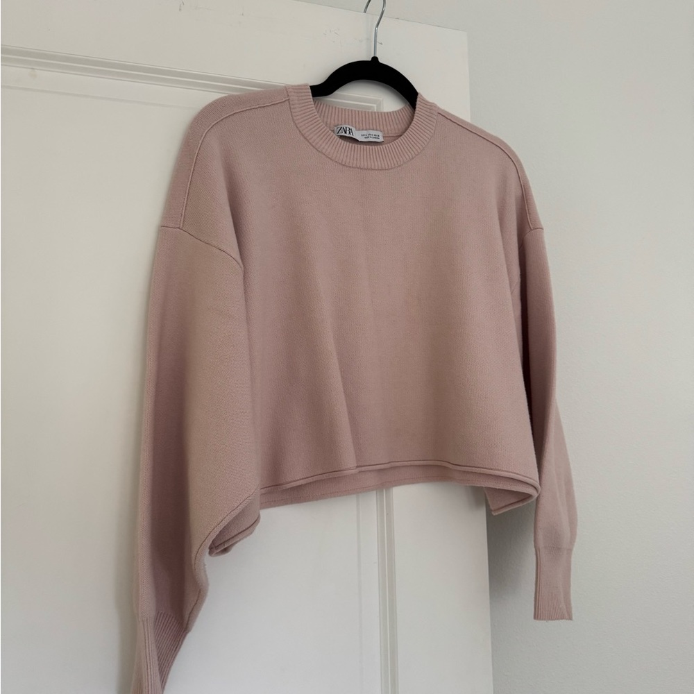 Zara women’s light pink spring crewneck long sleeve cropped sweater size small - Picture 2 of 4